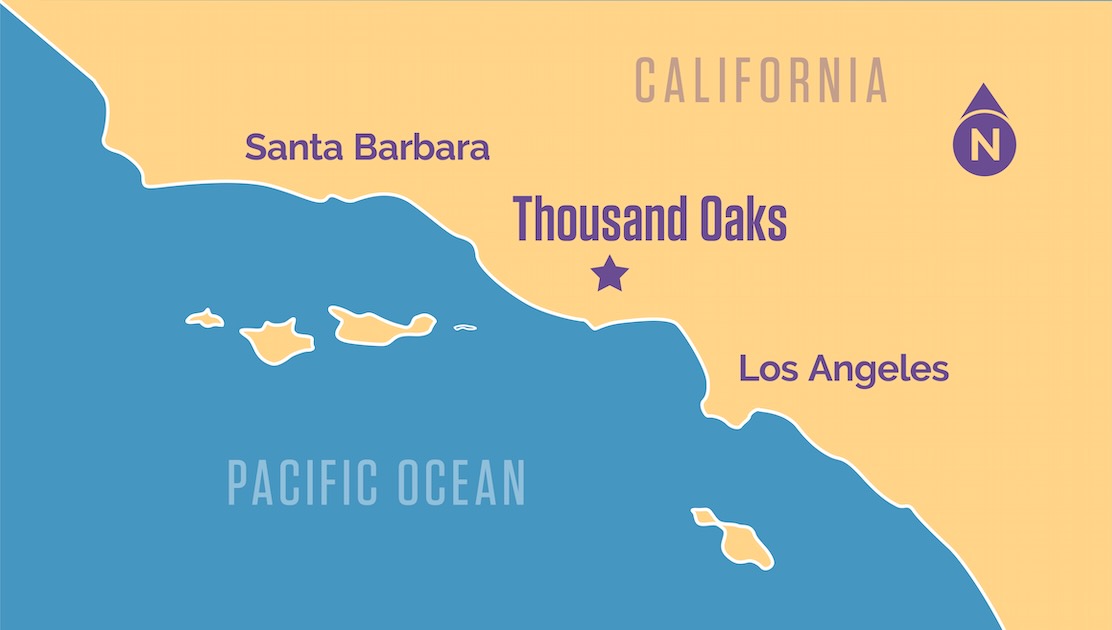 Reference map showing proximity of Thousand Oaks between Los Angeles and Santa Barbara
