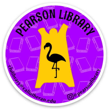 Image of Pearson Library sticker with a flamingo inside Gumby